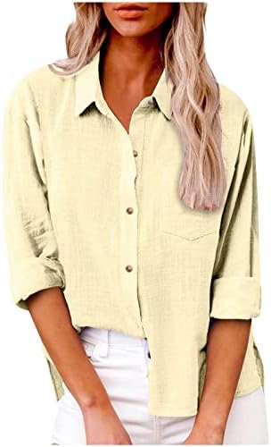 Shirt for Women,Women Casual Cotton Linen Solid Lapel Pocket Tee Shirt Button Down Long Sleeve Tunic Top Office Wear