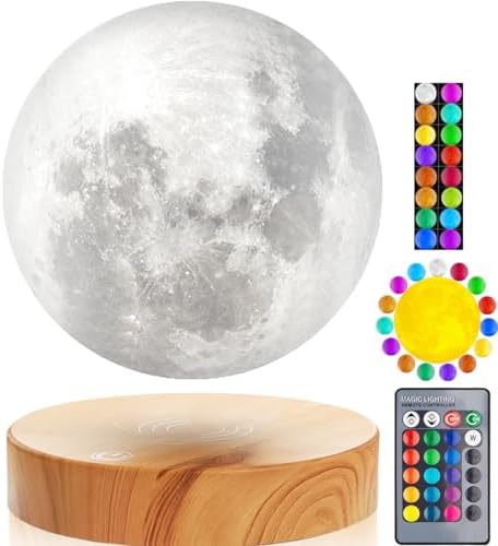 VGAzer Levitating Moon Lamp,Floating and Spinning in Air Freely with 3D Printing LED Moon Lamp Has 20 Modes for Unique Gifts,Room Decor,Night Light,Office Desk Toys (Wooden Base 3 Colors)