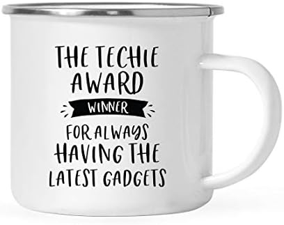 Andaz Press 11oz. Stainless Steel Campfire Coffee Mug Funny Coworker Office Award Winner Prize, The Techie Award Winner, for Always Having The Latest Gadgets, 1-Pack, Retirement Ideas