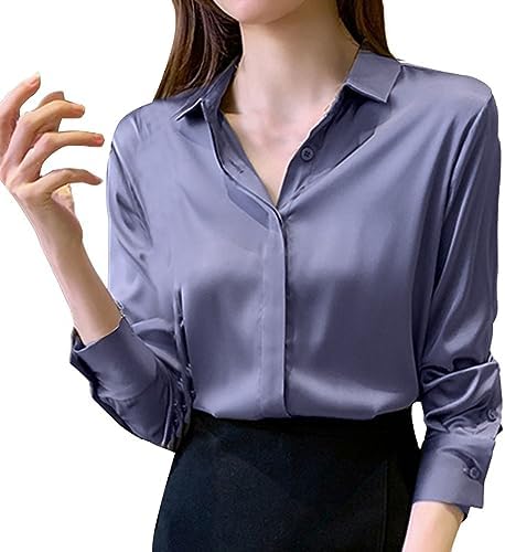 PeQAQ Women’s Blouse Satin Silk Shirts Button Down Shirts Casual Loose Long Sleeve Office Work Tunic Tops Ladies Basic Tees