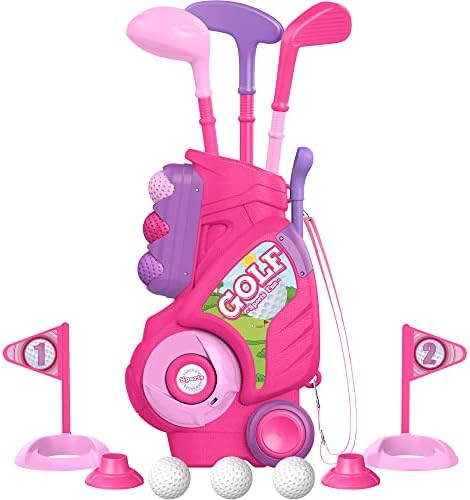 Liberry Toddler Golf Set for 1 2 3 4 5 Years Old, Upgraded Kids Golf Cart with Unique Shoulder Strap Design, Indoor and Outdoor Golf Toys for Boys Girls (Pink)