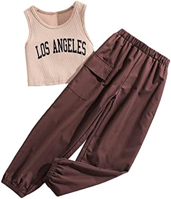 Floerns Girls 2 Piece Outfit Letter Print Rib Knit Crop Tank Top and Cargo Pants