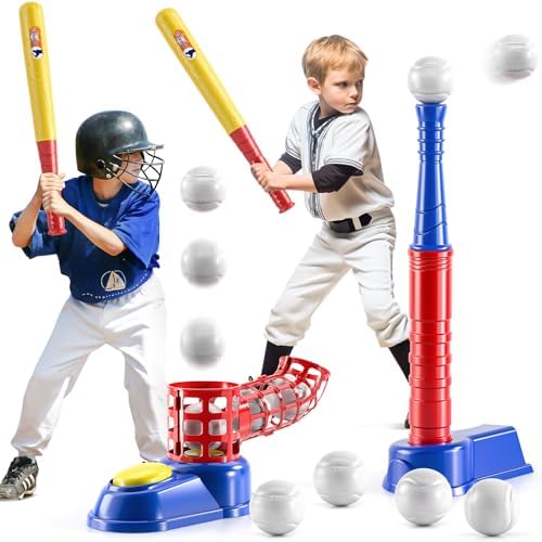 TEMI 2 in 1 Tee Ball Set for Kids 3-5|5-8, Kids Baseball Tee, T-Ball Set with 10 Balls, Step on Pitching Machine, Batting Tee, Outdoor Sport Toy Games for 3 4 5 6 7 8 Year Old Boys Kids Toddler