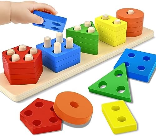 CHESLICR Montessori Toys for Toddler Baby 1 2 3 Year Olds Wooden Shape Stacking Sorting Toys, Learning Activity Block Puzzle Educational Wood Stocking Stuffer for 12+ Month Old Kid Boy (Rainbow)