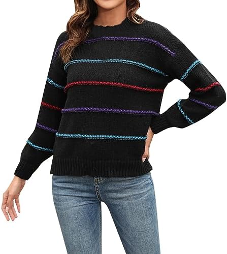 PeQAQ Women’s 2023 Fall Sweater Long Sleeve Crew Neck Striped Color Block Pullover Casual Loose Basic Knitted Sweater Tops