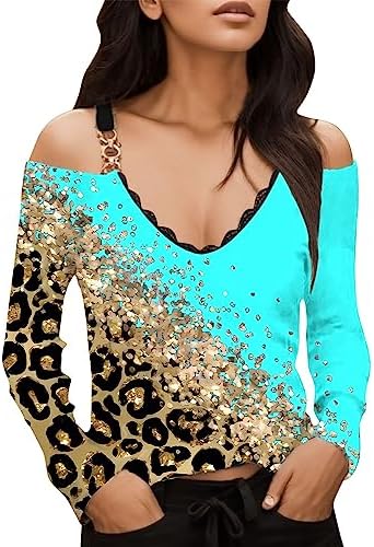 2023 Womens Cold Shoulder Fall Tops Sexy Bohemian Floral V Neck Tunic Tops Dressy Lace Trim Long Sleeve Slim T Shirt Blouse