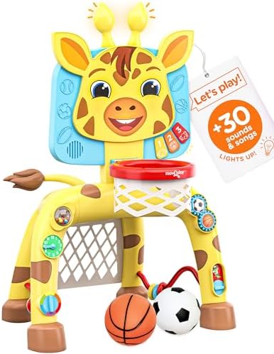 Move2play, Giraffe Basketball Hoop & Soccer Goal Activity Center | 30+ Sounds & Songs + 5 Lights | 1 2 3 Year Old Birthday Gift for Boys and Girls | Toy for Baby & Toddlers