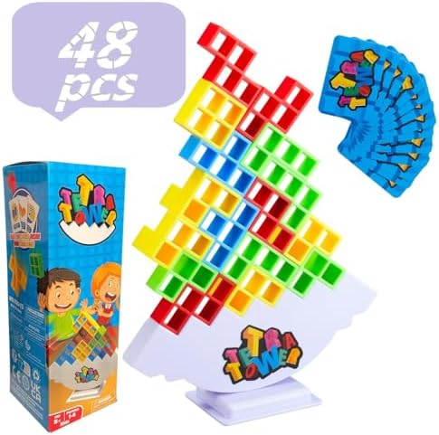 LanCipal 48 Pcs Tetra Tower Stack Attack Games – Stacking Block Puzzle Toy Board Game for Kids & Adults,Balance Game for Family Parties, Travel, and Team Building