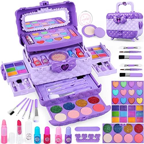 54 Pcs Kids Makeup Kit for Girls, Princess Real Washable Pretend Play Cosmetic Set Toys with Mirror, Non-Toxic & Safe, Birthday Gifts for 3 4 5 6 7 8 9 10 Years Old Girls Kids (Purple)