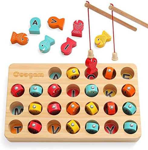 Coogam Wooden Magnetic Fishing Game, Fine Motor Skill Toy ABC Alphabet Color Sorting Puzzle, Montessori Letters Cognition Preschool Gift for Years Old Kid Early Learning with 2 Pole