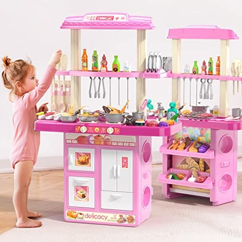 TEMI Kitchen Playset | 2-in-1 Kids Kitchen & Grill Playset, Play Kitchen with 60Pcs Toy Accessories Set, Real Sounds and Light | Pretend Play Set for 3+ Year Old Kids, Girls & Boys