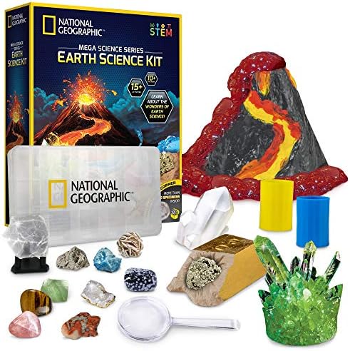 NATIONAL GEOGRAPHIC Earth Science Kit – Over 15 Science Experiments for Kids, Crystal Growing Kit, Volcano Science Kit, Dig Kits & Gemstones, STEM Project Toy for Boys and Girls (Amazon Exclusive)