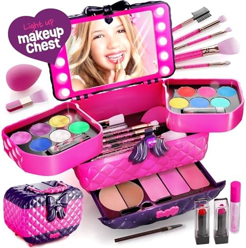 Light Up Makeup Kit for Kids – Real Girls Make Up Sets – Gifts Little Girl 3 4 5 6 7 8 Year Old Ages – Christmas Toys Birthday Gift Ideas Age 3-10 Years – Maquillaje para Niñas – Pretend Play Kits