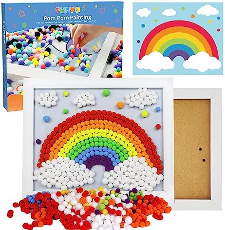 Funto Rainbow Pom Pom Painting Art Kit – 1100+ Colorful Pom Poms and Supplies Included, Canvas and Premium Frame for Home Decor, DIY Painting for Kids and Adults, Perfect Craft Projects for Beginners