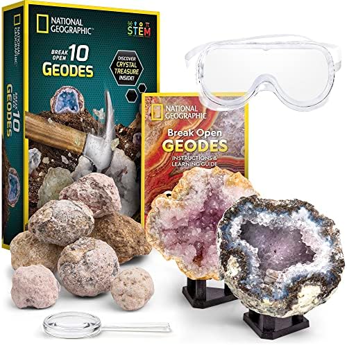 NATIONAL GEOGRAPHIC Break Open 10 Premium Geodes – Includes Goggles and Display Stands – Great STEM Science Kit, Geology Gift for Kids, Geodes Rocks Break Your Own, Toys for Boys and Girls