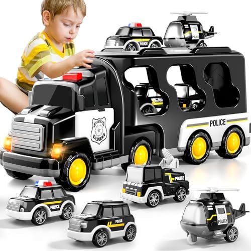 TEMI Police Truck Toys for Toddler 3 4 5 6 Years Old Boys – 5-in-1 Friction Power Emergency Vehicle, Police Car Toy for Toddlers 1-3, Carrier Truck Toys for Kids 3-5, for Girl Age 3-9