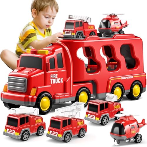 TEMI Fire Toys for 3 4 5 6 Years Old Boys Girls – 5 in 1 Carrier Truck Transport for Toddlers 1-3, Friction Power Vehicles for Kids 3-5, Christmas Birthday Gifts – Age 3-9