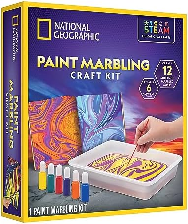 NATIONAL GEOGRAPHIC Paint Marbling Arts & Crafts Kit – Water Marbling Paint Art Kit for Kids, Create 12 Sheets of Marble Art with 6 Paints, Marbling Paint Kit, Kids Art Projects (Amazon Exclusive)