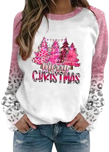 Women’S Basic Fleece Letter Loose Hoodie Sweatshirt Christmas Printed Round Neck Raglan Long Sleeve T-Shirt Loose Top