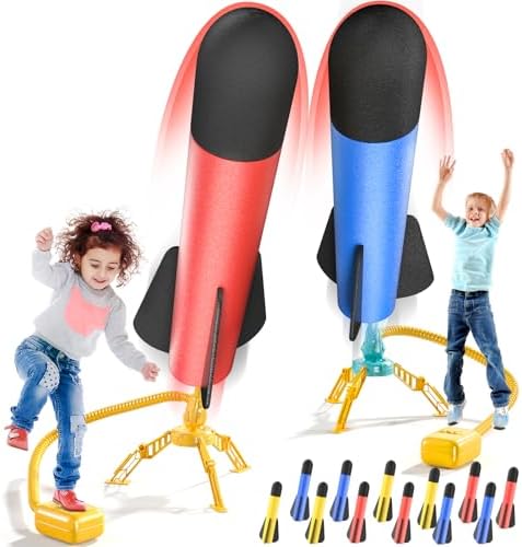 TEMI 2 Pack Rocket Launcher for Kids, 12 Foam Rockets and 2 Stomp Launcher Pad, Launch up to 100+ft, Kids Outdoor Toys, Birthday Gift Toys for Kids Boys Girls Age 3 4 5 6 + Years Old