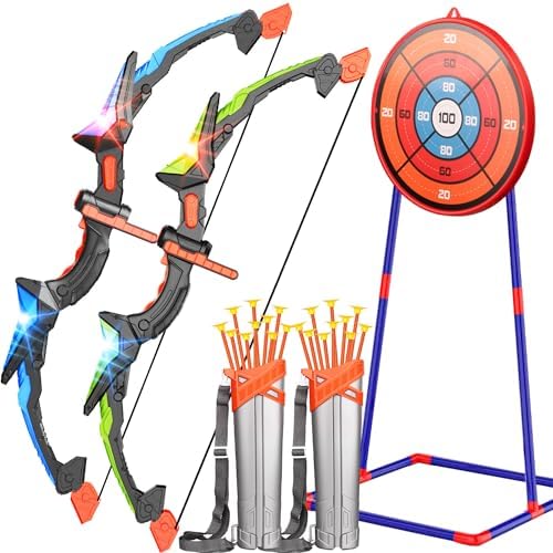 TiQtoy 2 Pack Bow and Arrow for Kids, Bow and Arrow Set Toys for 5 6 7 8 9 10 11 12 13 14 Year Old Kids Boys Girl, LED Light Up Archery Set, Kids Indoor Outdoor Games Toys, Christmas Birthday Gifts