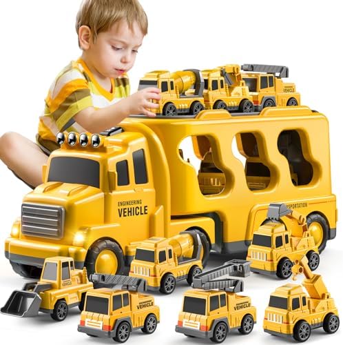 TEMI Construction Truck Toys Cars for Toddlers 3-5 – 7-in-1 Friction Power Vehicle Toy 3 4 5 6 Year Old Boys, Carrier Transport Trucks Kids Years, Car Set Age 3-9 Boys & Girls