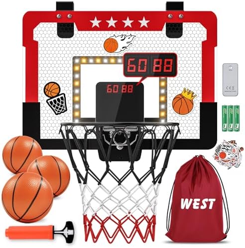 Indoor Basketball Hoop for Kids, Mini Basketball Hoop with Double Electronic Scoreboard and LED Light, Over The Door Basketball Gifts Toys for 5 6 7 8 9 10 11 12 Year Old Boys (West Red)