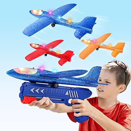 3 Pack Airplane Launcher Toy, 12.6″ Foam Glider Led Plane, 2 Flight Mode Catapult Plane for Kids Outdoor Sport Flying Toys Gifts for 4 5 6 7 8 9 10 12 Year Old Boys Girls