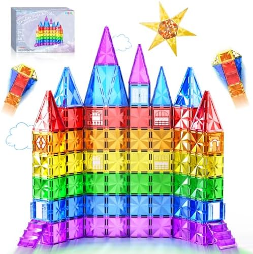 60PCS Diamond Magnetic Tiles Kids Toys for 3+ Year Old Boy and Girl Birthday Gifts, Magnetic Blocks Building Toys Games for Kids, STEM Learning Autism Sensory Toys for Toddlers Kids Ages 3-5, 5-7, 4-8