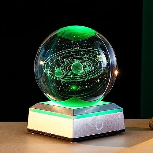 ERWEI 3D Solar System Model Crystal Ball 3.15″ Laser Engraved Universe Planets Globe with Led Light Base Science Astronomy Gifts Educational Space Gift Kids Solar System Toys