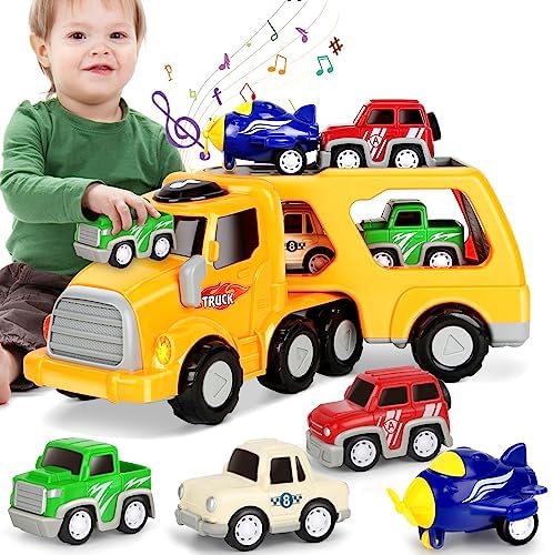 Dreamon 5-in-1 Transport Vehicles Toys for Toddler with Light & Sound, Ideal Construction Car Toy Christmas Birthday Gifts for Kids