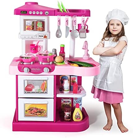 Temi Play Kitchen Pretend Food Playset – 53 PCS Pink Kitchen Toys for Toddlers, Toy Accessories Set w/ Real Sounds and Light, Outdoor for Kids, Girls & Boys