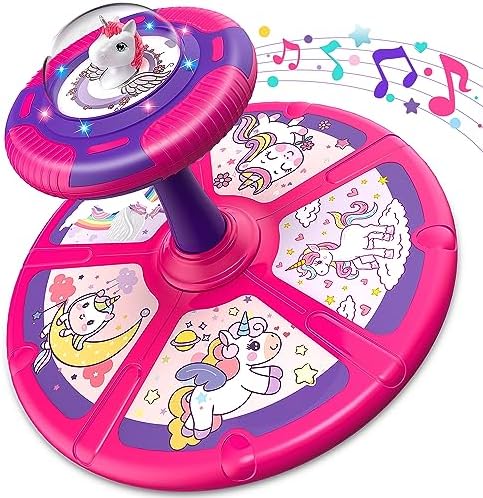 Flooyes Unicorn Sit and Spin Toy, Birthday Gift for Girls Age 1 2 3 4 Years Old, Toddler Toys, with LED and Music, 360° Spin