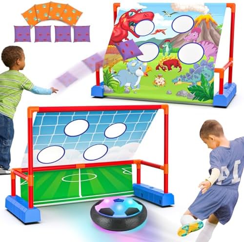 2-in-1 Moving Kick Toss Games for Kids Ages 3-12, Light Up Hover Soccer Ball with Animal Bean Bag Toss, Indoor Outdoor Birthday Toys for 3 4 5 6 7 8 9 10 11 12 Year Old Boys Girls