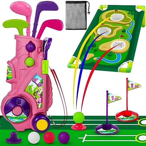 GMAOPHY Golf Club Set for Kids, Indoor Outdoor Sports Toys for Girls Boys Ages 2 3 4 5 6 Year Old, Kids Birthday, Toddler Golf Set with Golf Board, Putting Mat, 8 Balls, 4 Golf Clubs, Golf Cart