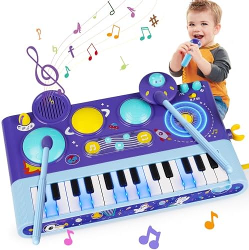 5 In 1 Toddler Musical Toys Piano Keyboard Xylophone Drum Set with Microphone for 1 Year Old Girl Christmas Birthday Gifts for Kid Age 1-3 2-4 DJ Music Table Instrument Learning for Baby 9-12-18 Month