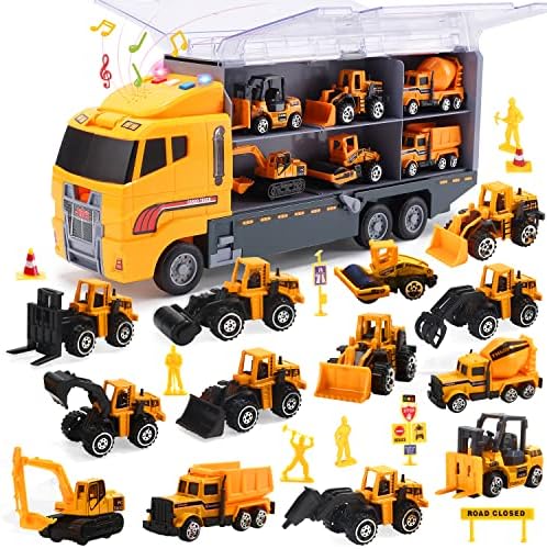 CUTE STONE 25 in 1 Construction Trucks Push and Go Car Carrier Truck Toy, Play Vehicles with Sounds and Lights, 12 Mini Diecast Trucks Included