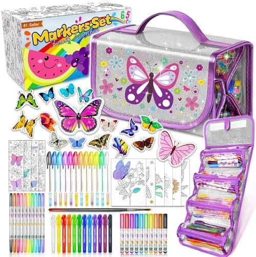 Hiappt Fruit Scented Markers Set with Butterfly Pencil Case – 65 Pcs Mermaid Gifts for Girls Age 4-6 6-8 and Up, Stocking Stuffers, Perfect Birthday Christmas Gifts Ideas, Kids Coloring Set