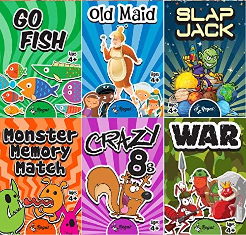 Regal Games – Kids Classic Card Games – Includes Old Maid, Go Fish, Slapjack, Crazy 8’s, War, and Silly Monster Memory- for Family Game Nights, Parties – Set of 6 Games