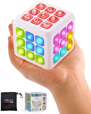 Power Your Fun Cubik LED Flashing Cube Memory Game – Electronic Handheld Game, 5 Brain Memory Games for Kids STEM Sensory Toy Brain Game 3D Puzzle Fidget Light Up Cube Stress Relief Fidget Toy (White)