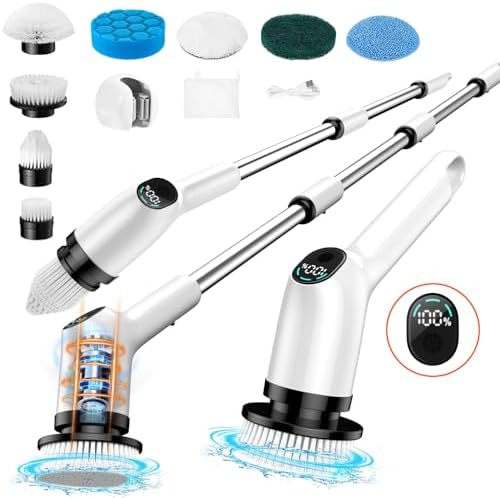 Electric Spin Scrubber, FRIWOLE Upgrade LED Display 3 Speeds Cordless Cleaning Brush with 8 Replaceable Brush Heads, with Adjustable & Detachable Handle Up to 450 RPM, for Bathtub Tile Floor – Black