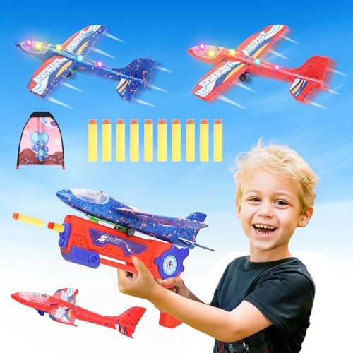 Keejoy 4-Pack LED Airplane Launcher Toy – 2 Flight Modes, Foam Glider Planes for Kids, Outdoor Toys for Kids Ages 3 4 5 6 7 8 9 10 11 12 Year Old Boys & Girls Birthday Gift, Outdoor Sport Party Favor