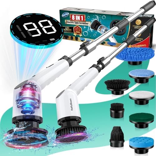 Electric Spin Scrubber, Cordless Cleaning Brush with 8 Replaceable Brush Heads, 420RPM/Mins-90Mins Work Time, Power Scrubber 3 Adjustable Speeds & Adjustable Extension Handle for Bathroom Shower Car