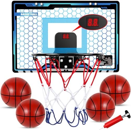 Over The Door Basketball Hoop Indoor, LED Light Mini Basketball Hoop with Electronic Scoreboard,3 Game Modes, Door Basketball Hoop for Kids Indoor- Toys Gifts for Age 5 6 7 8 9 10 11 12 Year Old Blue