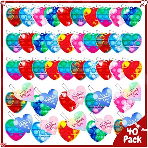 Valentines Day Gifts for Kids, 40Pcs Mini Pop Toys with 40pcs Cards, Valentines Day Cards for Kids Classroom, Fidget Toys Bulk for Class Gift Exchange, School Game Prizes,