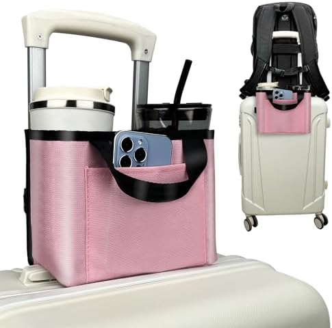 Tuegher Luggage Cup Holder for Suitcases – Free Hand Drink Carrier, Multifunctional Travel Cup Holder Fits Suitcase Handles, Travel Accessories (Pink)