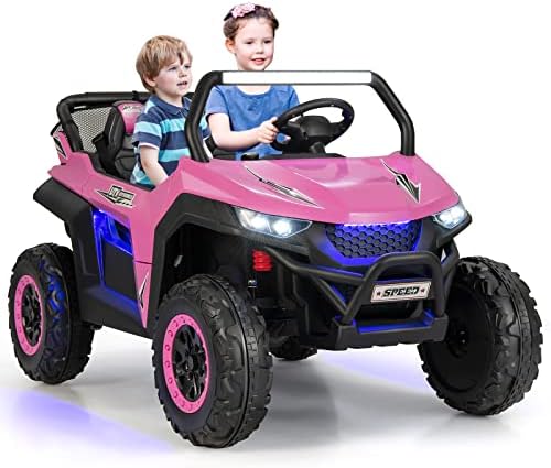 Costzon 2-Seater Ride on Car, Battery Powered Electric UTV w/Remote Control, 4 Wheel Spring Suspension, High/Low Speed, Storage, Music, USB Port, FM & Ambience Lights, Electric Car for Kids (Pink)