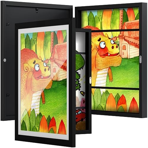 BAIJIALI Black Art Frames for Kids Artwork – Front Opening Holds 150 Drawings, 3D Crafts – 2 Packs 8.5×11 with mat or 9×12 without Mat