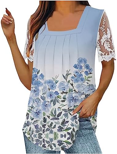 Lace Short Sleeve Shirt for Women Square Neck T Shirt Bohemian Print Tunic Tops Loose Fitting Graphic Tees Lace Trim Top