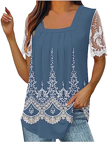 Women Lace Short Sleeve Shirt Loose Fitting Graphic Tees Bohemian Vintge Tops Lace Mesh Sleeve Blouse Pullover